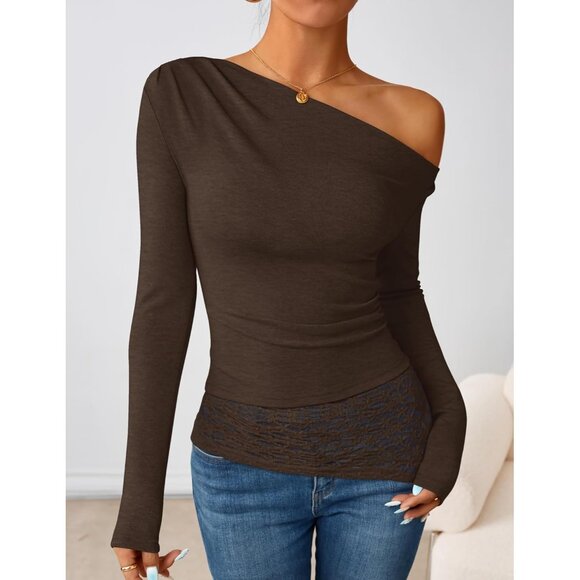 Women Coffee Long Sleeve Off Shoulder Tops Casual Boat Neck Lace Shirts Blouses - Picture 4 of 5